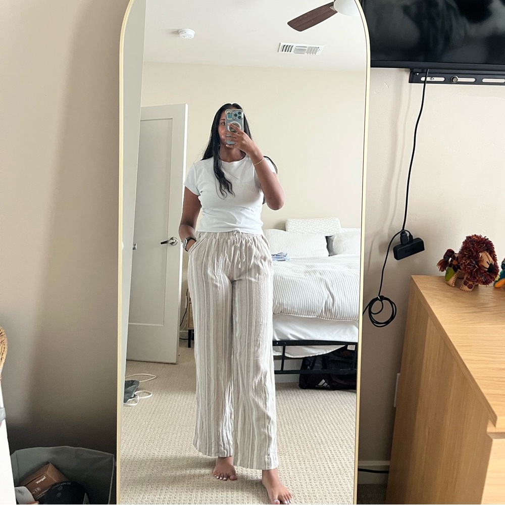 Linen pants - Cream Striped Wide-Leg Pants